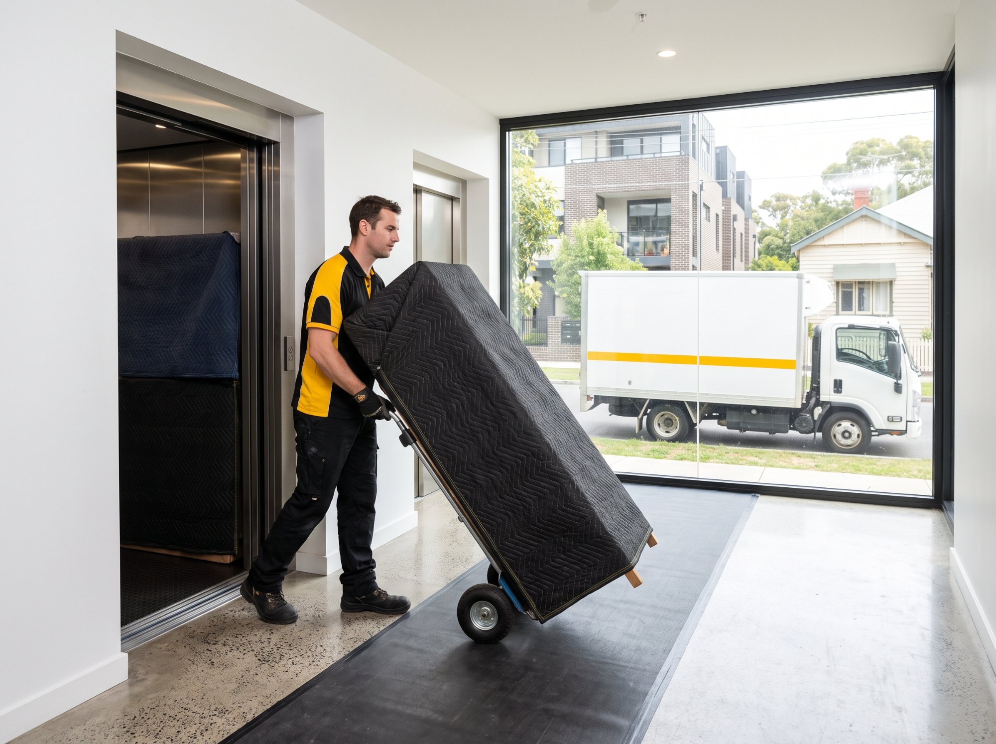 Removalist wheeling a blanket wrapped wardrobe across floor runners to a protected apartment lift