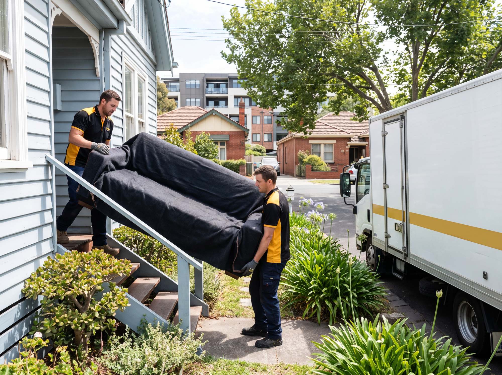 Two removalists carrying a blanket wrapped sofa down the front steps of a weatherboard house