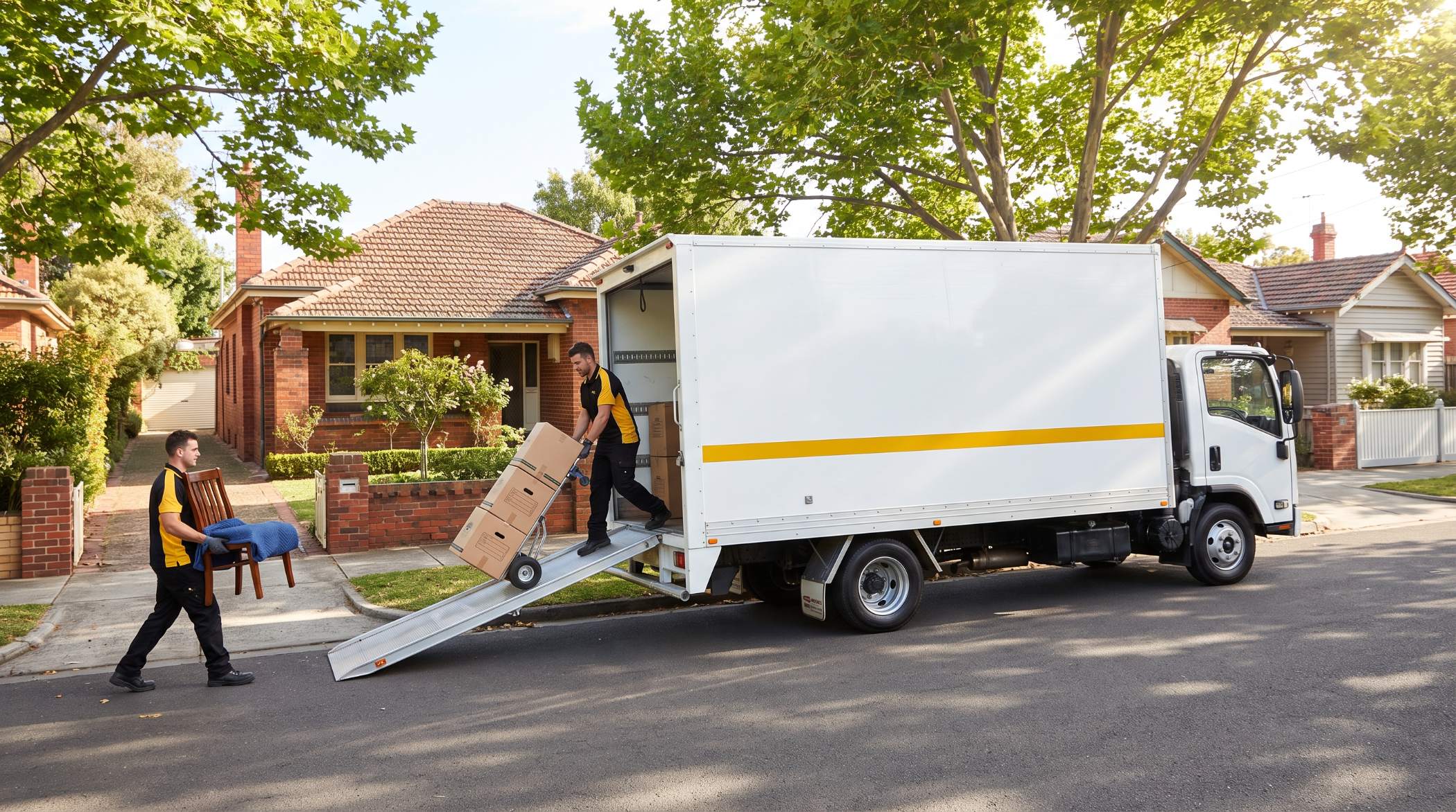 Removalists loading boxes and a chair into a removal truck on a tree lined Melbourne street